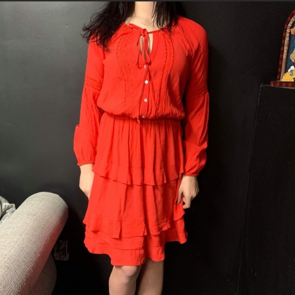 Anthropologie Red Tiered Keyhole Midi Dress